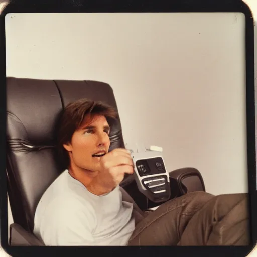 Image similar to Polaroid of Tom Cruise sitting in recliner with remote control 1983