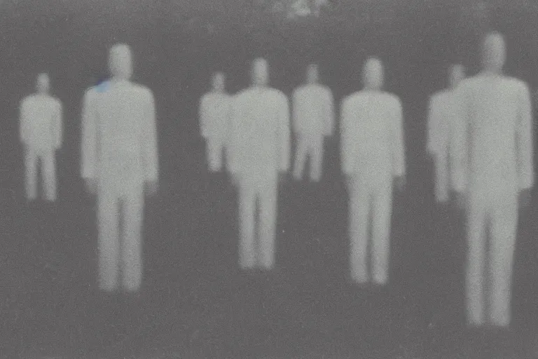 Prompt: 8 mm film still, blurry, grainy, liminal, unsettling, group of tall clone men in suits in a field at night, dark