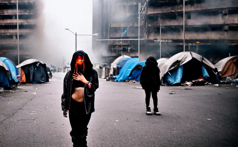 Image similar to Cinestill 50d candid photography of a city on fire, extreme wide shot of a poor techwear mixed woman wearing thick mascara and makeup crying outside of a futuristic city on fire, cyberpunk, tattoos, homeless tents on the side of the road, extreme long shot, desaturated, full shot, blurry, 4k, 8k, hd, full color