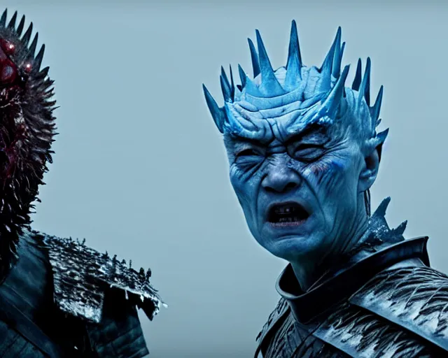 Image similar to ugly - cryer crying justin sun as night king in game of thrones, stunning tears, crimson - black bee army behind, 4 k, epic, cinematic, focus, movie still, fantasy, extreme detail, atmospheric, dark colour, sharp focus