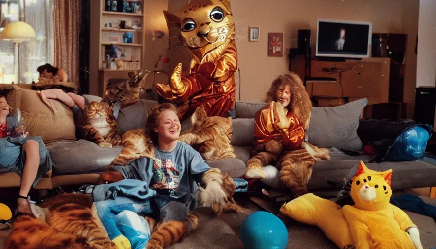 Prompt: 1990s candid 35mm photo of a beautiful day in the living room, cinematic lighting, cinematic look, golden hour, large costumed mascot space cat people interacting with families, Enormous personified space cat mascot people with outstandingly happy faces coming out of a portal and showing families how to teleport, cats playing futuristic video games in the background, UHD