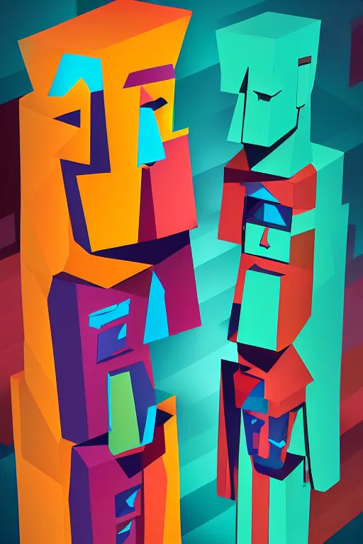 Image similar to cubist moai statue cutout digital illustration cartoon colorful beeple