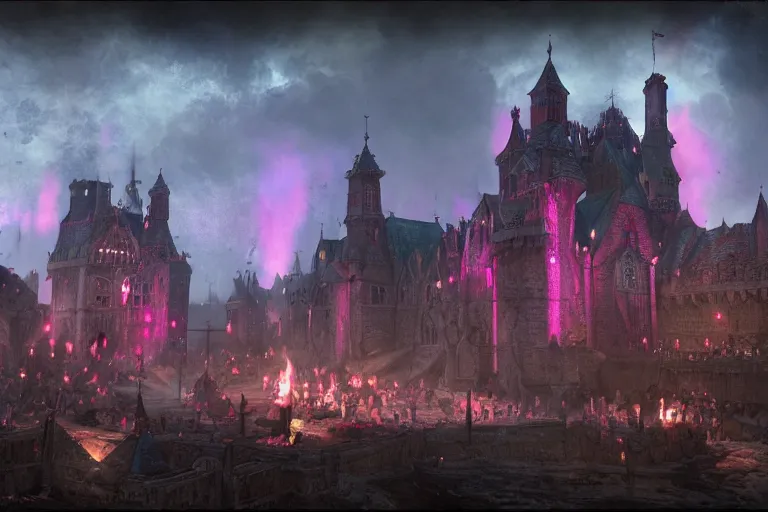 Prompt: epic medieval kingdom, art by den beauvais and rudolph belarski and thomas kidd, trending on artstation, iridescent pink lighting product view blueprint, narrative realism, featured on artstation, unreal engine 5, brocade