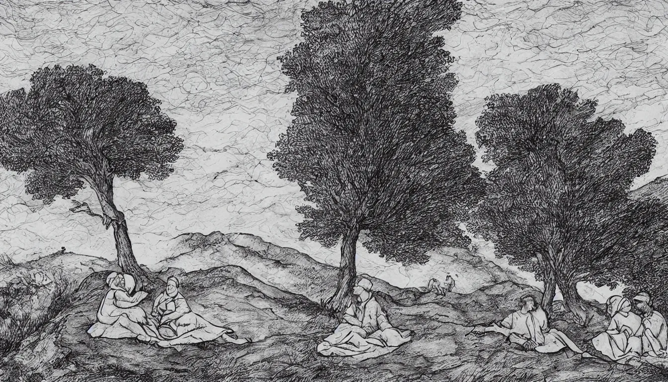 Prompt: a couple sits together on a large hill while wind blows the trees, pen and ink, 1 5 0 0 s, 8 k resolution