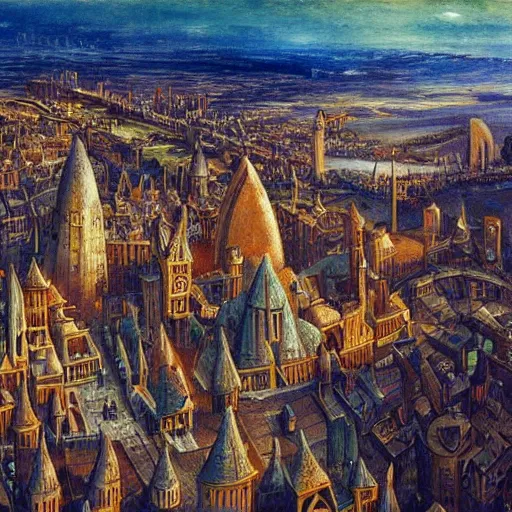 Image similar to high fantasy art of a medieval cityscape, bird\'s eye view, painting, extra-detailed, dawn lighting