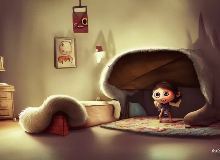 Prompt: under the bed a big monster hides, cute, furry, big eyes, dark, dramatic lighting, pixar bedroom scene, cinematic, highly detailed