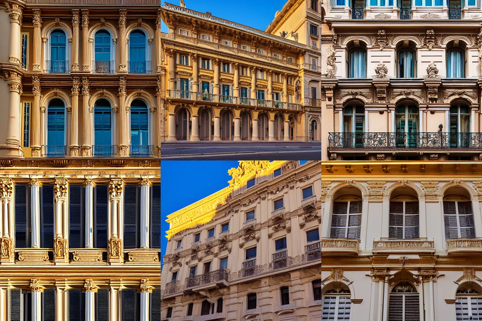 Prompt: High-quality DSLR photography of the facade of a beaux-arts style flat in Monaco at dawn, baroque, designed by Charles Garnier, wide-angle, warm lighting, long shadows, beams of sunlight.