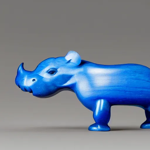 Image similar to a zoomed out studio product shot of a rounded carved smooth cherry wood and blue resin hippopotamus, in profile, like a catalog photograph, mostly wood, with a smooth featureless minimalist look