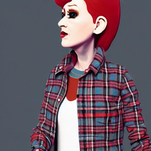 Prompt: egg woman wearing a flannel jacket and jeans, character design, digital art, stylised, 4 k