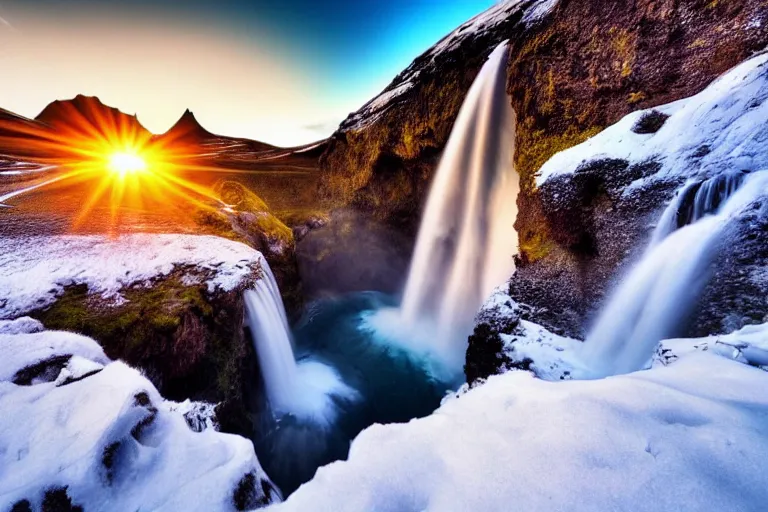 Prompt: photo of a landscape with mountains with waterfalls and snow on top, wallpaper, iceland, new zeeland, professional landscape photography, sunny, day time, beautiful