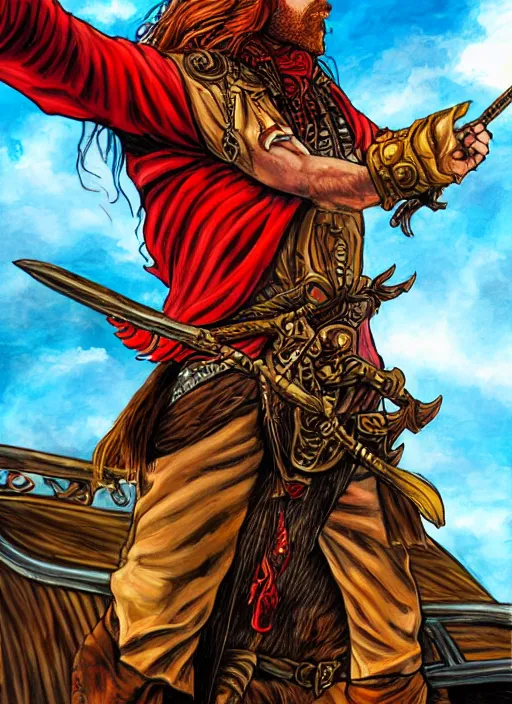 Image similar to an epic fantasy comic book style portrait painting of a long haired, red headed male sky - pirate in front of an airship in the style of the farseer series