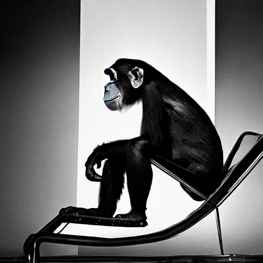 Image similar to photo of a chimpanzee wearing a cowboy hat sitting on le corbusier couch, 5 0 mm, beautiful photo