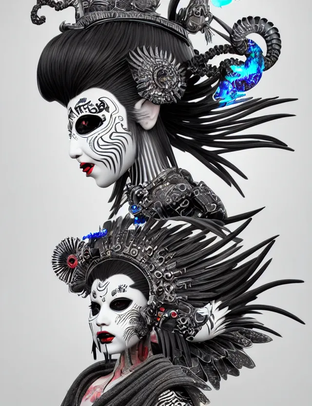 Image similar to 3 d goddess close - up profile portrait punk with mohawk with ram skull. beautiful intricately detailed japanese crow kitsune mask and clasical japanese kimono. betta fish, jellyfish phoenix, bio luminescent, plasma, ice, water, wind, creature, artwork by tooth wu and wlop and beeple and greg rutkowski