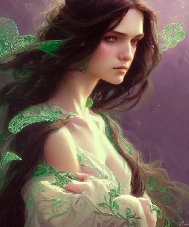 Image similar to Fae teenage girl, portrait, green eyes, face, long hair, fantasy, intricate, elegant, highly detailed, digital painting, artstation, concept art, smooth, sharp focus, illustration, art by artgerm and greg rutkowski and alphonse mucha