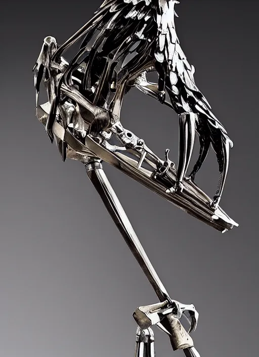 Prompt: a vulture skeleton sculpture made with polished stainless steel, shining and glossy by bernini