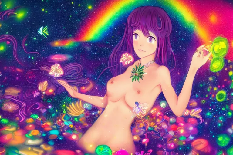 Image similar to psychedelic, whimsical, anime, 4k, beautiful lusty woman smoking weed, with professional makeup, long trippy hair, a crystal and flower dress, sitting on a reflective pool, surrounded by gems, underneath the stars, rainbow fireflies, trending on patreon, deviantart, twitter, artstation, volumetric lighting, heavy contrast, art style of Greg Rutkowski and Miho Hirano and Ross Tran