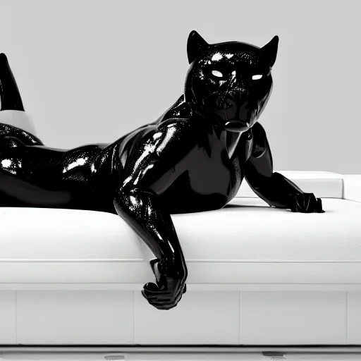 Prompt: a shiny black goo covered panther laying on a white couch in a living room, dripping black goo. digital art, photography, latex, reflective. highly detailed, 4 k, photograph