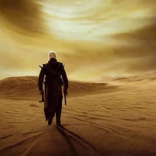 Image similar to joe biden as a photorealistic fremen Dune, shai hulud, freman, shai-hulud, artstation hall of fame gallery, editors choice, #1 digital painting of all time, most beautiful image ever created, emotionally evocative, greatest art ever made, magnum opus masterpiece, movie poster, 4k, highly detailed, cinematic lighting