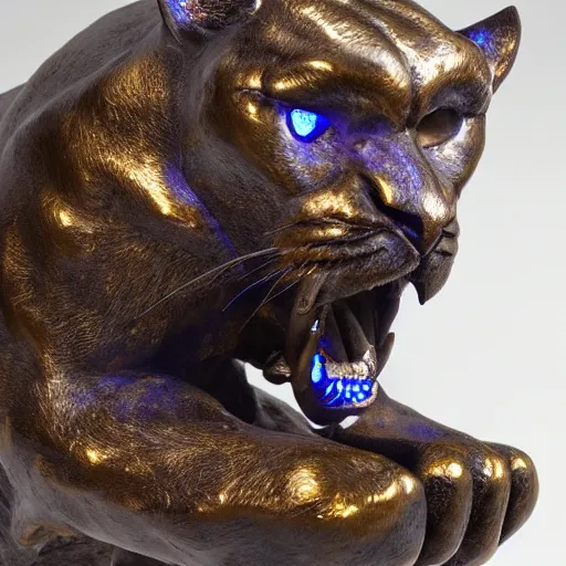 Image similar to Bronze Jaguar sculpture with glowing purple eyes