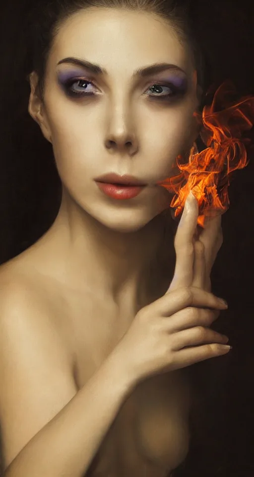 Prompt: a portrait of a beautiful woman with smoke and fire coming out of her eyes, a masterpiece