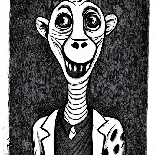 Image similar to a Pop Wonder scary horror themed goofy-hilarious-character-monkey-giraffe-man, dime-store-comic drawn with charcoal and pen and ink, half-tone-line-stacking