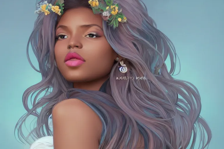 Image similar to beautiful black woman with gorgeous pastel balayage hairstyle, as seen on artgerm, octane render, in the style of alphonse mucha, ultra realistic, highly detailed, 8 k