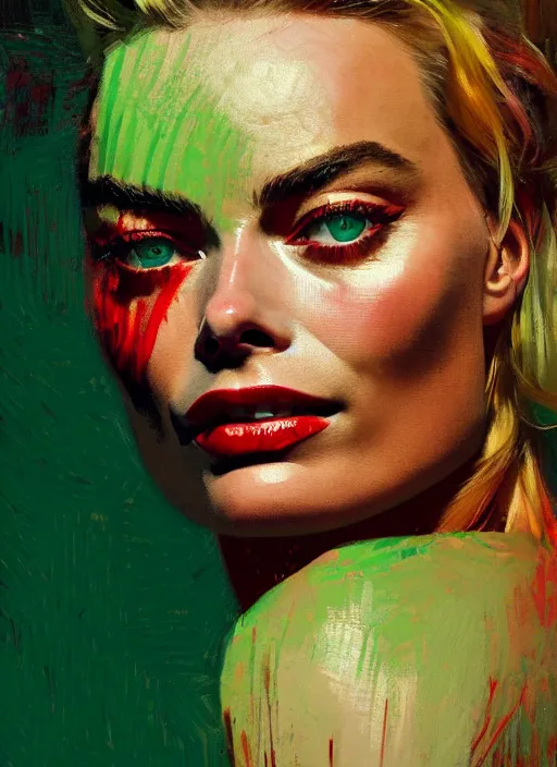 Prompt: close up portrait of ymargot robbie, sensual, ecstatic, shades green and red, beautiful face, rule of thirds, intricate outfit, spotlight, by greg rutkowski, by jeremy mann, by francoise nielly, by van gogh, digital painting