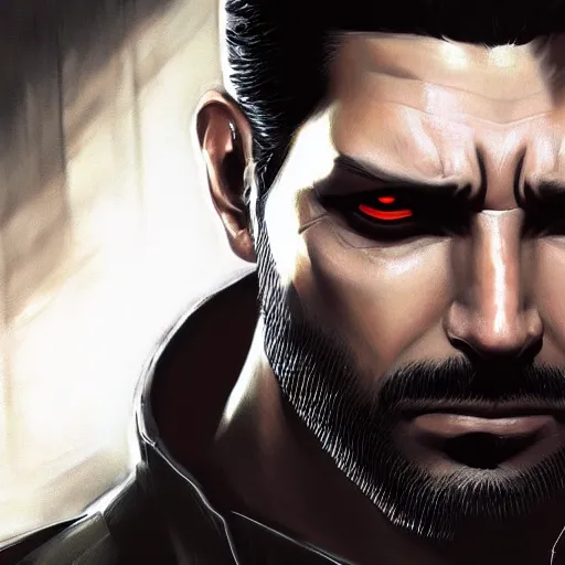 Prompt: ultra realistic portrait painting of adam jensen from deus ex, art by frank frazetta, 4 k, ultra realistic, highly detailed, epic lighting