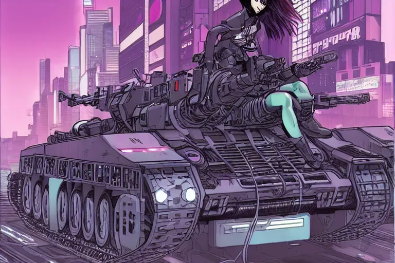 Image similar to motoko kusanagi riding a spider - tank in a grungy cyberpunk megacity, intricate and finely detailed, cyberpunk vaporwave, by phil jimenez, ilya kuvshinov