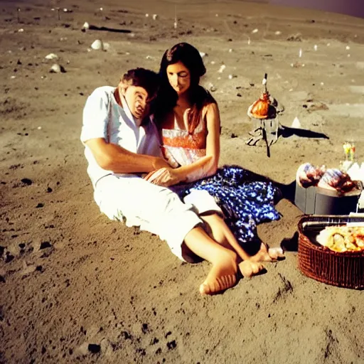 Prompt: beautiful romantic picnic on the moon looking at earth