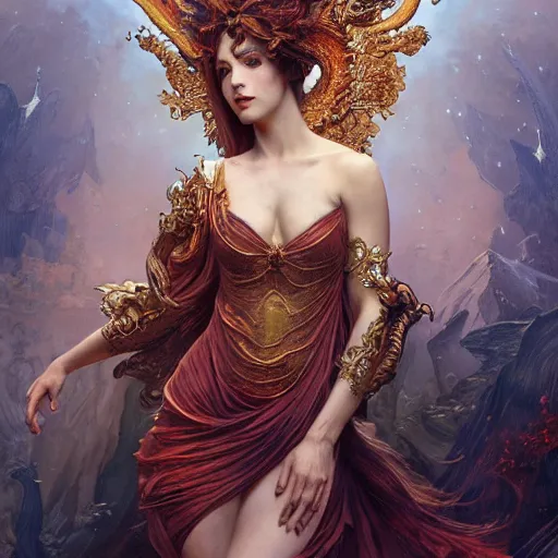 Image similar to a a very detailed stunning dynamic pose full body of a celestial goddess of the dragons, intricate, 8k highly professionally detailed, hdr, CGSociety, dark fantasy, dynamic lighting, cinematic, pristine, smooth, cosplay, elegant, sharp focus, a very detailed art by alphonse mucha and greg rutkowski,