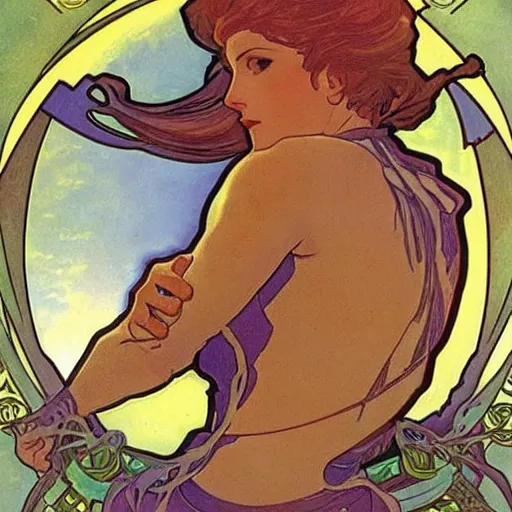 Image similar to Samus from Nintendo by Alphonse Mucha, high detail, peaceful colors