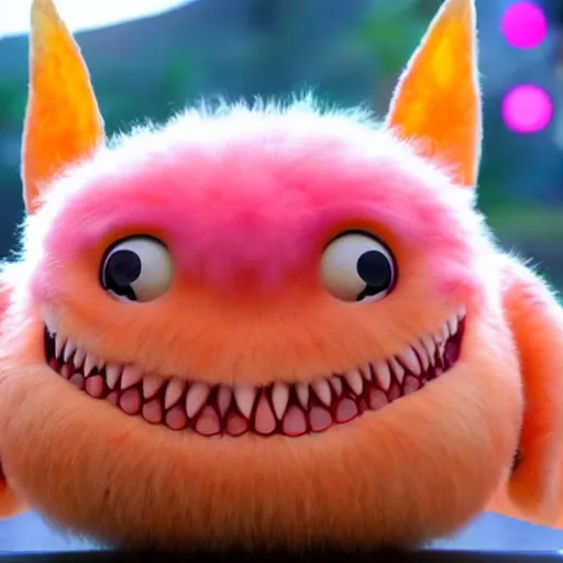 Prompt: an alien with a face that looks like a fuzzy peach the peach is fuzzy pink warm and ripe the alien has horns and a mean smile the alien has chicken feet cruel smile, 4k, highly detailed, high quality, amazing, high particle effects, glowing, majestic, soft lighting, flat background
