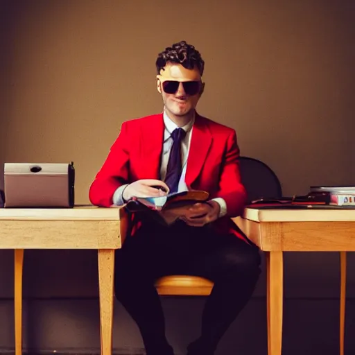 Prompt: portrait front view of a man in a red suit sitting at a desk, red sunglasses