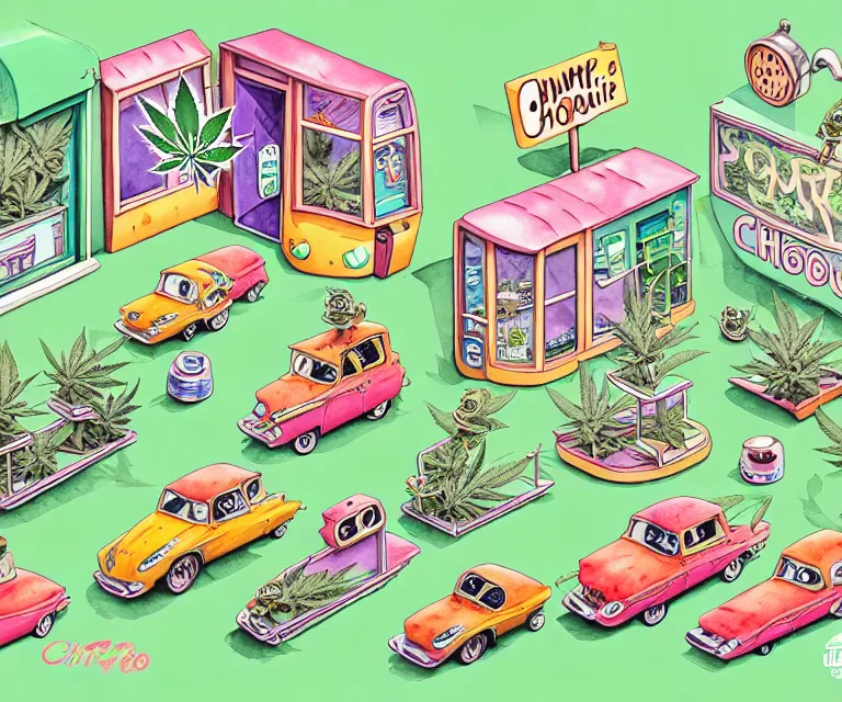 Prompt: cute and funny, a tiny cannabis shop, ratfink style by ed roth, centered award winning watercolor pen illustration, isometric illustration by chihiro iwasaki, edited by craola, tiny details by artgerm and watercolor girl, symmetrically isometrically centered