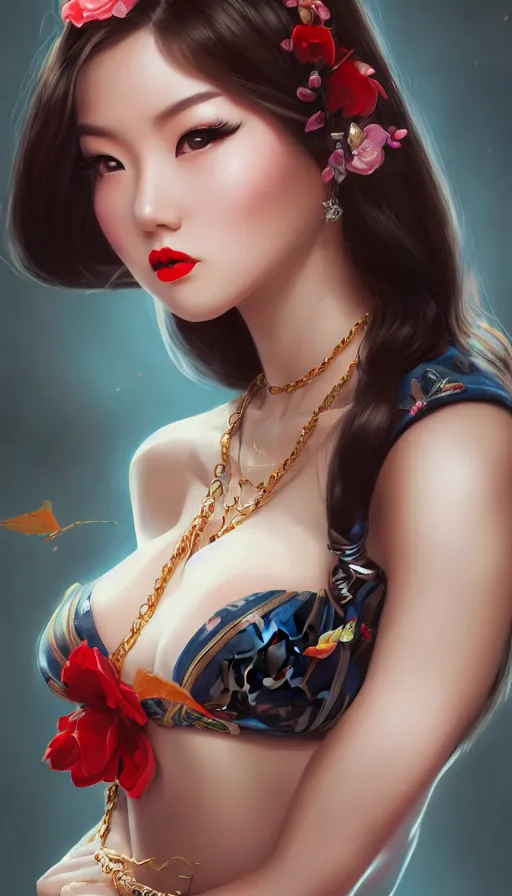 Image similar to a pin up and beautiful fashion and charming and dreamlke asian girl with lv jewelry, medium shot, art by artgerm & ross tran & wlop, hyperdetailed, 8 k realistic, symmetrical, frostbite 3 engine, cryengine, dof, trending on artstation, digital art