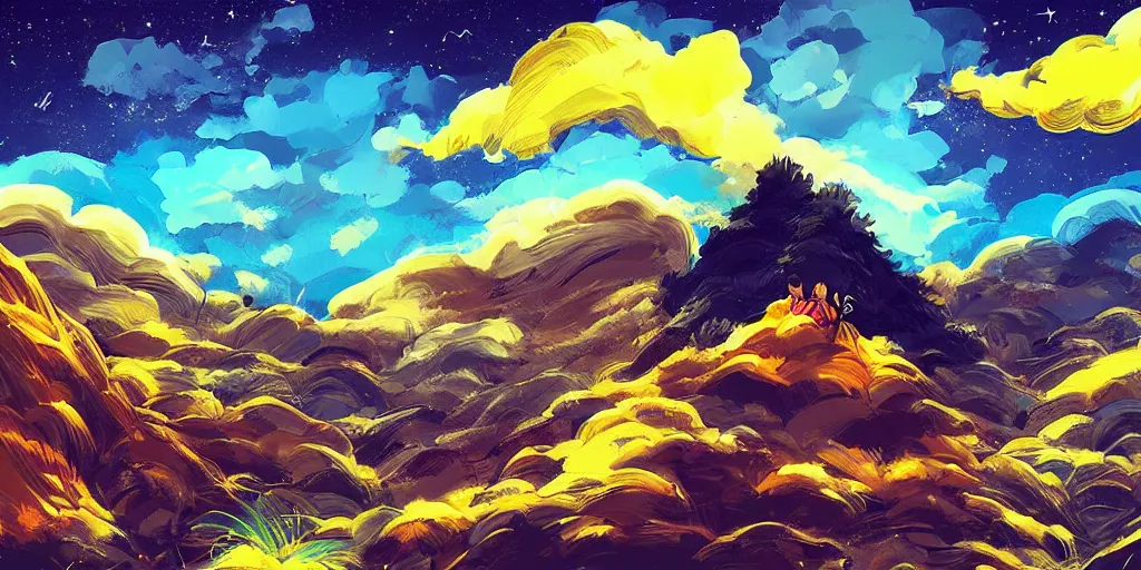 Image similar to luffy, mountain landscape, night sky, digital art, digital painting, celestial, majestic, playful, colorful