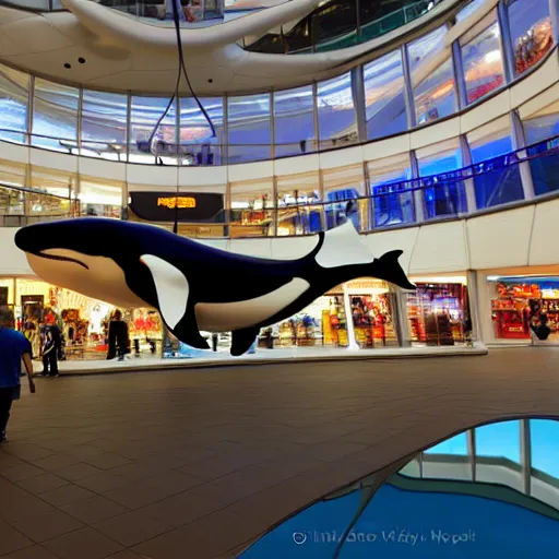 Prompt: a killer whale shopping at mall of america, hyperrealistic, volumetric lighting, unreal engine, realistic shadows
