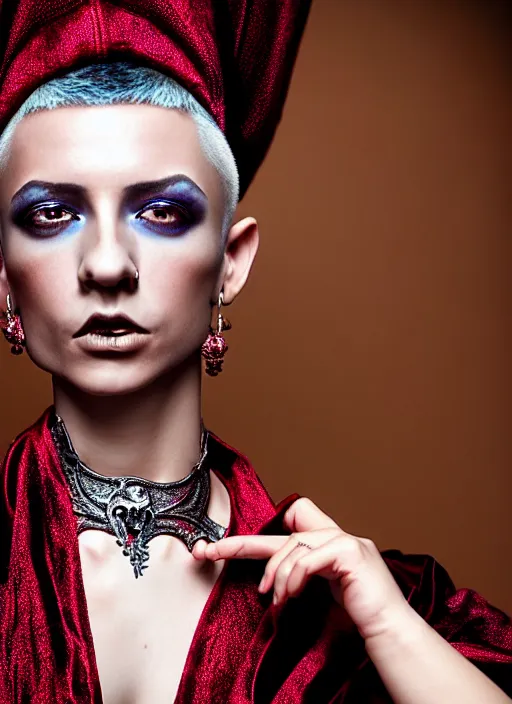 Prompt: surreal highly detailed photo portrait of a beautiful young female magician, silver pixie cut with shaved sides hair, powerful radiant confident vibe, 150 mm lens, soft rim light, bold ornate crimson robes with silver trim, arms folded over chest, sly expression, bronze skin, dark studio background, Alexander McQueen, high fashion, haute couture, rococo, anatomical, elegant, hyper realistic, octane render, unreal engine 5, art by John Collier and Albert Aublet and Krenz Cushart and Artem Demura and Alphonse Mucha, volumetric lighting, 8k, vibrant high contrast coloring, Art Nouveau, masterpiece, intricate, ethereal