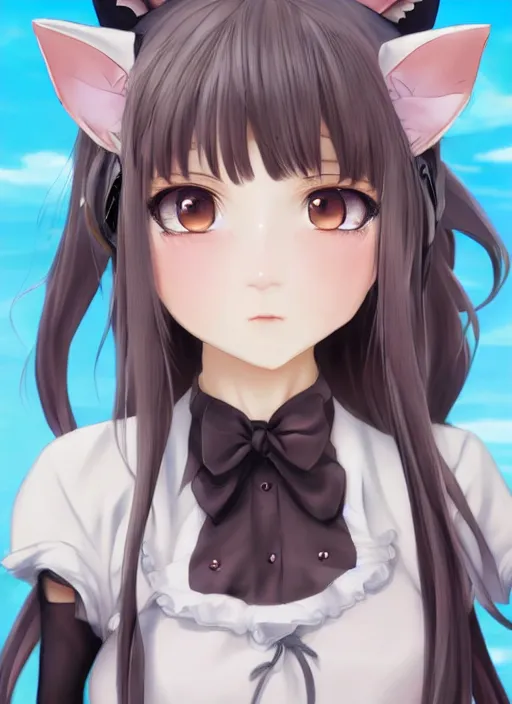 Image similar to nekopara fantastically detailed eyes cute girl portrait with fantastically detailed cat ears!!!!!!!!!!!! dressed like a cat modern anime style, made by Laica chrose, Mina Petrovic, Ross Tran, WLOP, Ruan Jia and Artgerm, Range Murata and William-Adolphe Bouguereau, Cell shading modern anime trending professional digital art unreal Engine Fantasy Illustration. award winning, Artstation, intricate details, realistic, Hyperdetailed, 8k resolution