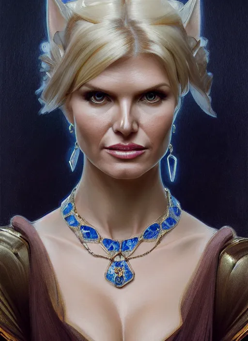 Image similar to portrait of victoria silvstedt as a lady, collar and leash, jewelry, greek, sapphire, intricate, headshot, highly detailed, digital painting, artstation, concept art, sharp focus, cinematic lighting, illustration, art by artgerm and greg rutkowski, alphonse mucha, cgsociety