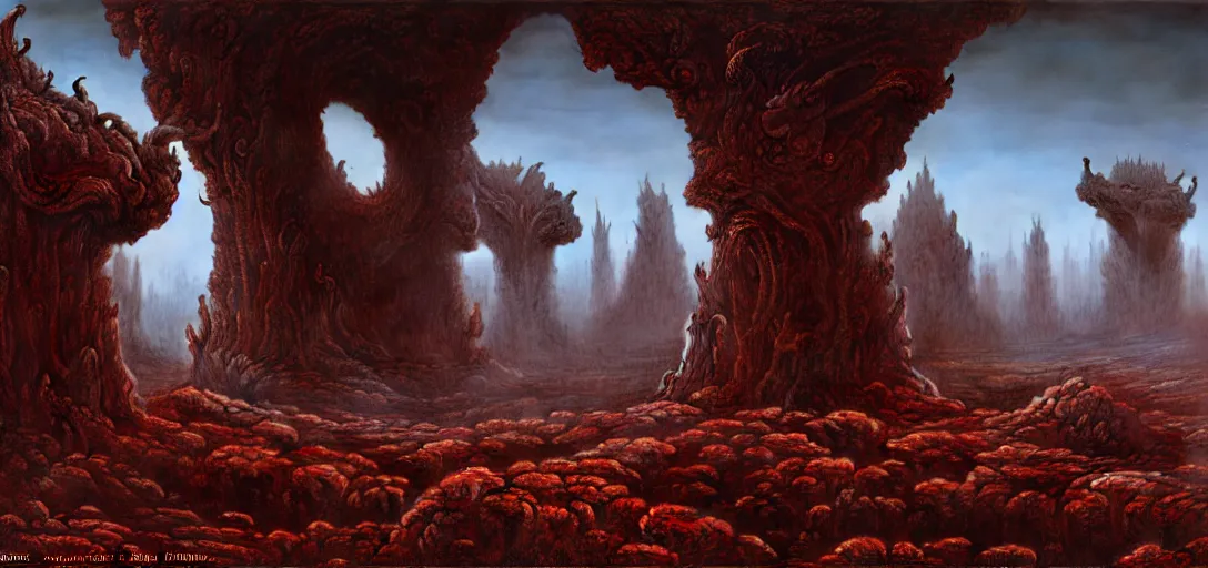 Image similar to alien landscape with eerie god statues, painted by beksinski, 4 k, intricate details, unreal engine, dynamic lighting