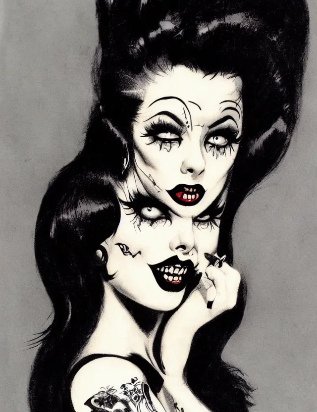 Image similar to of a goth girl burlesque psychobilly, rockabilly, punk, black hair, detailed face, white background, drawing, illustration by frank frazetta