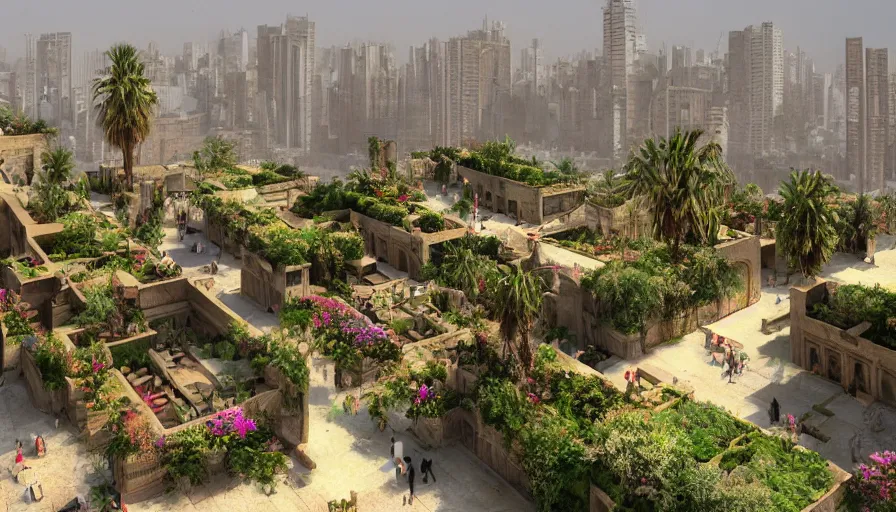Image similar to ancient iranian city with rooftop gardens, flowers, palms, artstation