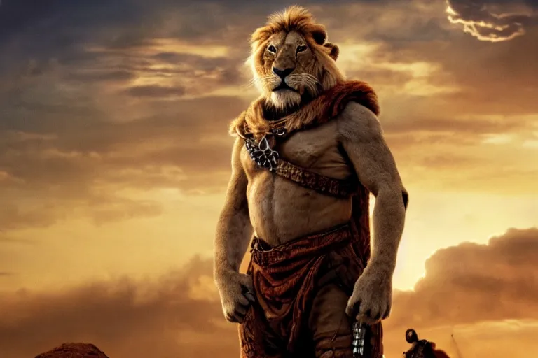 Prompt: simba ( from the lion king ), heavily armed and armored facing down armageddon in a dark and gritty reboot from the makers of mad max : fury road : witness me