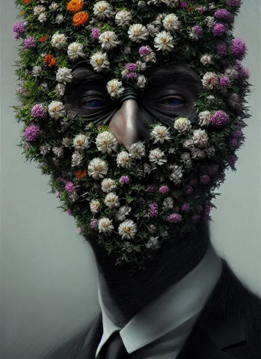 Image similar to an man in a black suit with a head made of flowers and roots, no face, intricate, highly detailed, concept art, hyperrealistic, oil painting by greg staples, 8 k