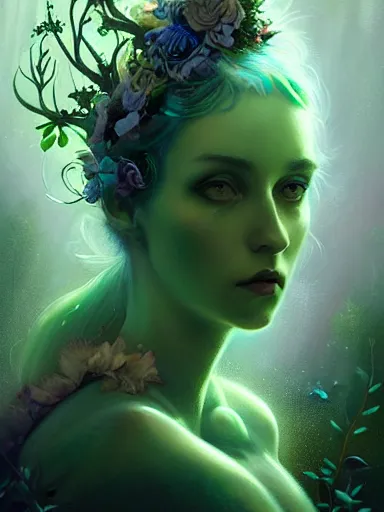 Image similar to green!! forest fae ; by james jean, charlie bowater, tom bagshaw, nikolay makovsky, melanie delon : : enchanting, ethereal, magical, glowing, sparkle, iridescent, flowerpunk, portrait, character design, illustration, hyperrealism, photorealism, digital art, concept art, dark fantasy, weta, wlop, artstation