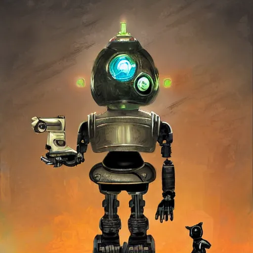 Prompt: digital painting, bioshock style, cyborg robot cat with gun sitting on the bike, realistic, hyperdetailed, concept art