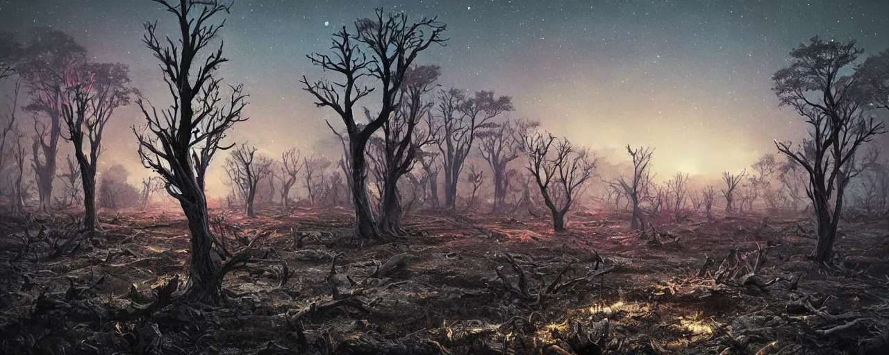 Image similar to ” barren landscape with dead trees at night, [ cosmic, cinematic, detailed, epic, widescreen, opening, establishing, mattepainting, photorealistic, realistic textures, octane render, art by slop and paul lehr ] ”