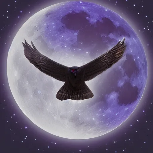 Prompt: A sillouhete of a black owl flying in front of the moon, dark purple sky with stars in background, HD, trending on Artstation